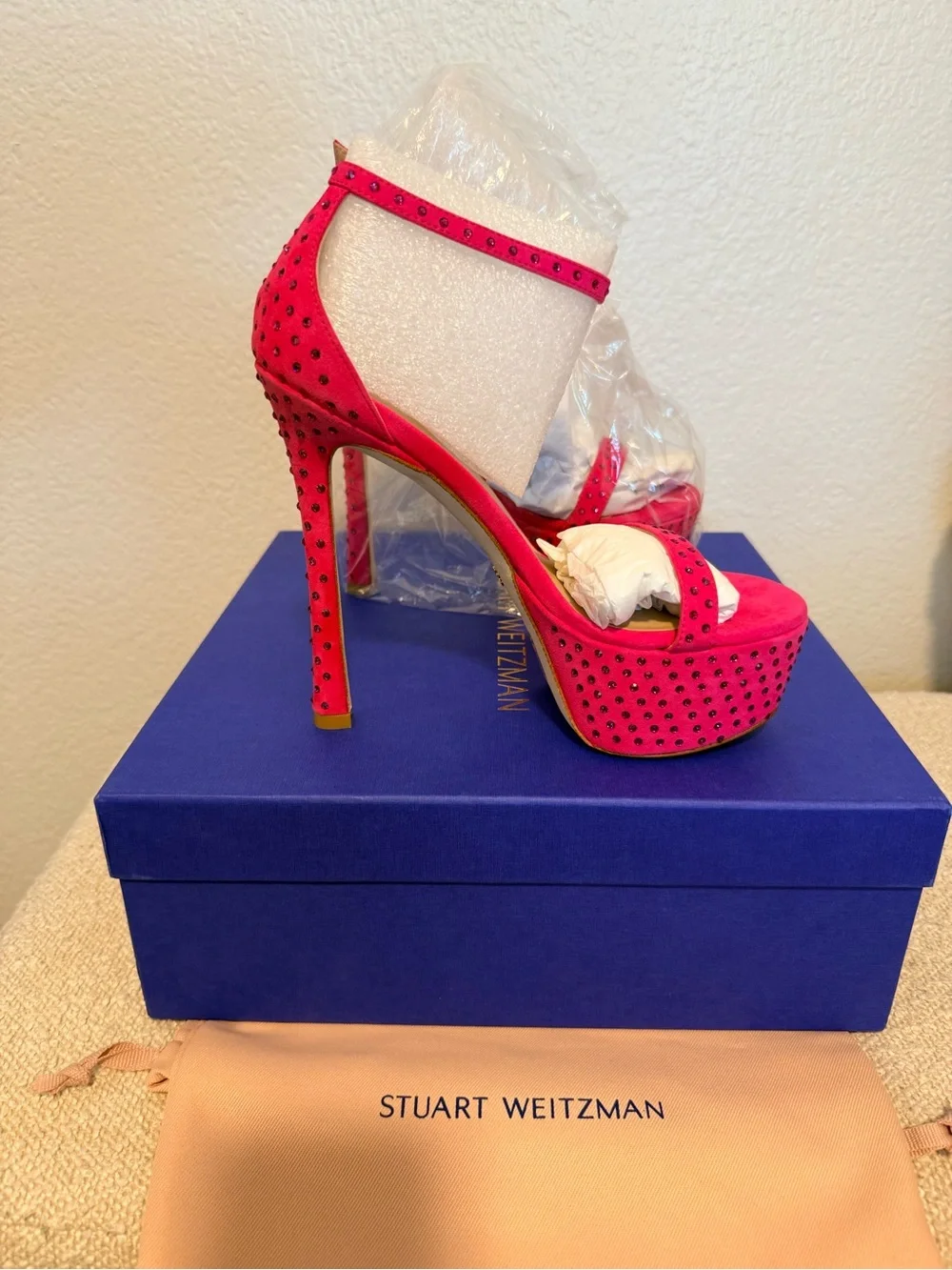 Stuart Weitzman Nudistcurve Hollywood Hot Pink/ Crystal Platform Heels